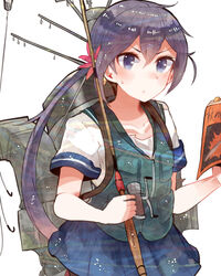  akebono_(kancolle) akebono_(saury_festival)_(kancolle) bell book commentary_request female fishing_rod flower hair_bell hair_flower hair_ornament itomugi-kun jingle_bell kantai_collection long_hair official_alternate_costume purple_eyes purple_hair school_uniform side_ponytail solo vest 