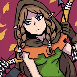  akairiot arrow_(projectile) blue_eyes bow_(weapon) braid brown_hair commentary cosplay dragon&#039;s_crown elf_(dragon&#039;s_crown) elf_(dragon&#039;s_crown)_(cosplay) female hood leaf lowres pointy_ears princess_zelda sidelocks simple_background solo super_smash_bros. the_legend_of_zelda the_legend_of_zelda:_twilight_princess weapon 