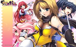  4girls :d :o armband back beat_angel_escalayer blue_eyes blue_hair blush breasts brown_eyes brown_hair choukou_sennin_haruka cleavage covered_nipples crossover elbow_gloves escalayer fighting_stance fishnets gloves hairband highres hime_cut knife kouenji_sayuka large_breasts long_hair looking_back magical_girl multiple_girls ninja official_art official_wallpaper onigirikun open_mouth petals pink_hair pleated_skirt ponytail profile red_eyes red_hair reverse_grip scarf see-through shihoudou_narika short_hair skirt smile subaru_(choukou_sennin_haruka) sword takamori_haruka thigh_strap thighhighs twintails weapon white_thighhighs zettai_ryouiki 