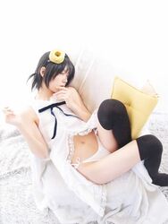  bisuke-tan cosplay doughnut duplicate food food_as_clothes kfc male_focus object_on_head otoko_no_ko panties photo side-tie_panties solo thighhighs underwear white_panties 