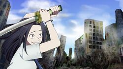  bad_id bad_link bad_twitter_id black_hair bracelet coppelion crazy_eyes day evil_grin evil_smile female grin irae_creation jewelry katana long_hair necktie outdoors ozu_shion post-apocalypse ruins short_sleeves sky smile solo sword weapon 