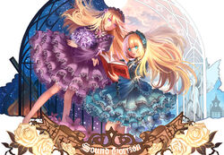  2girls absurdly_long_hair blonde_hair book commentary_request dress green_dress green_eyes highres holding holding_book hortense_(sound_horizon) hunxiao_xingshuang long_hair looking_at_another multiple_girls parted_lips purple_dress purple_eyes reading roman_(sound_horizon) sound_horizon very_long_hair yuri 