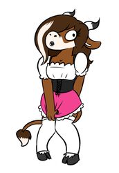  anthro bovid bovine brown_body brown_fur clothed clothing corset dress embarrassed female fur hair harley_(moo) hooves horn legwear lingerie long_hair mammal rusheloc simple_background solo stockings topwear white_background 