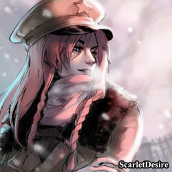  alternate_headwear artist_name blue_eyes braid breath coat commentary_request female hat hong_meiling long_hair looking_away lowres photoshop_(medium) red_hair scarf scarlet_desires smile snowing solo touhou twin_braids winter_clothes 