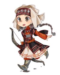  amira black_hair boots bow_(weapon) braid brown_eyes commentary_request earrings female full_body head_scarf jewelry kazakh_clothes kazakhstan long_hair monochrome necklace otoyomegatari simple_background single_braid solo sunameri_oishii weapon white_background 