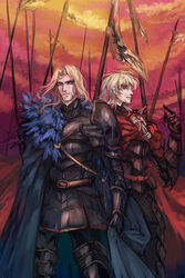  2boys adapted_costume armor blonde_hair blue_eyes cape commentary_request dual_persona fate/apocrypha fate/extra fate_(series) gauntlets hideki looking_at_viewer male_focus multiple_boys photoshop_(medium) red_eyes sideways_glance vlad_iii_(fate/apocrypha) vlad_iii_(fate/extra) white_hair 