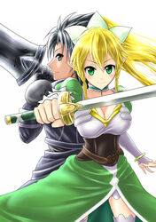  1boy black_eyes black_hair black_iron_great_sword blonde_hair braid breasts cleavage commentary_request elf female green_eyes highres holding holding_sword holding_weapon kirito kirito_(sao-alo) large_breasts leafa long_hair pointy_ears sword sword_art_online taiga~midnight twin_braids weapon 