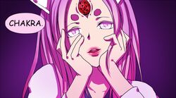  commentary_request facial_mark female forehead_mark hands_on_own_cheeks hands_on_own_face hands_up horns long_hair naruto_(series) naruto_shippuuden ootsutsuki_kaguya parody pink_eyes pink_hair pink_lips red_eyes rinne_sharingan shikaobing short_eyebrows solo thick_eyebrows third_eye yandere_trance 