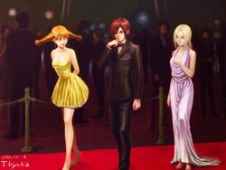  1boy 2girls aika_(eternal_arcadia) bare_shoulders blonde_hair bow bowtie braid brown_eyes brown_hair commentary_request contemporary dress earrings eternal_arcadia facial_mark fina_(eternal_arcadia) forehead_mark formal gown green_eyes high_heels jewelry kuuzokucluster multiple_girls one_eye_closed red_carpet shoes short_dress short_hair smile suit traditional_bowtie twin_braids vyse 