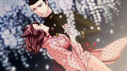  1boy animal_ears asa_no_ha_(pattern) bad_id bad_pixiv_id black_eyes black_hair commentary_request couple female flower fox_ears hand_on_another&#039;s_back highres holding_hands japanese_clothes kimono kurukuma maid_headdress military military_uniform obi otome_youkai_zakuro sash short_hair smile straight susukihotaru texture uniform wisteria yoshinokazura_riken 