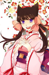  animal_ears bad_id bad_pixiv_id black_hair bow female flower fox_ears hair_ribbon hairbow japanese_clothes kimono long_hair naka_53 obi open_mouth otome_youkai_zakuro own_hands_clasped own_hands_together pink_bow pink_kimono purple_eyes ribbon sash smile solo twintails zakuro_(otome_youkai_zakuro) 