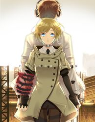  1boy accessory_(freedom_wars) android back-to-back bad_id bad_pixiv_id blank_stare blonde_hair blue_eyes brown_hair buttons coat collared_shirt cowboy_shot double-breasted expressionless female fingerless_gloves freedom_wars gloves glowing headphones holding_hands lab_coat long_sleeves looking_at_viewer magic necktie outdoors ruins shibanashi_miso shirt standing thorns togabito tower 