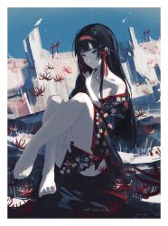  absurdres barefoot bird bishoujo_mangekyou_(series) black_hair blunt_bangs border breasts commentary female floral_print hairband highres japanese_clothes kimono long_hair red_spider_lily renge_(bishoujo_mangekyou) small_breasts solo white_border yautja 