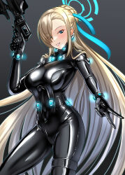  alternate_costume asuna_(blue_archive) black_bodysuit blue_archive blue_eyes blush bodysuit breasts energy_gun female gantz gantz_suit gun hair_over_one_eye halo highres holding holding_gun holding_weapon impossible_bodysuit impossible_clothes large_breasts latex latex_bodysuit long_hair looking_at_viewer neon_lights neon_trim shiny_clothes skin_tight smile solo very_long_hair wata_nuki weapon 