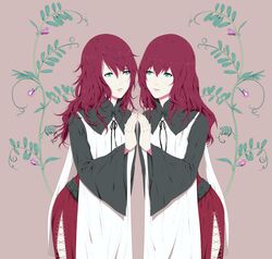  2girls aqua_eyes bad_id bad_pixiv_id devola flower highres multiple_girls nier nier_(series) plant popola red_hair siblings sisters twins xino 