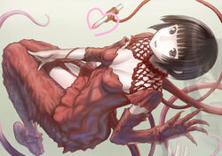  1boy alien black_hair blunt_bangs bob_cut breasts brown_eyes claws cleavage commentary_request drawing female gauna gauna_491 happy heart kyodairobo looking_at_viewer marker medium_breasts monster_girl placenta_(sidonia_no_kishi) red_eyes reflection sidonia_no_kishi smile tanikaze_nagate tentacle 