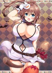  bat_(animal) belt blue_eyes breasts broom brown_hair brown_thighhighs cameltoe checkered_background clothing_cutout commentary_request dress female gloves hat high_side_ponytail kantai_collection large_breasts mini_hat mini_witch_hat navel_cutout open_mouth panties ponytail saratoga_(kancolle) side_ponytail sleeveless sleeveless_dress solo thighhighs underwear uzura_no_tamago_(yudeuzutama) white_dress white_gloves white_panties witch_hat 