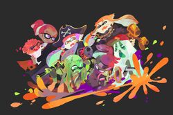  2boys 4girls absurdres aerospray_(splatoon) bike_shorts black_background blaster_(splatoon) bouquet commentary_request fangs flower ghost_costume glasses gloves green_eyes green_hair halloween halloween_costume hat hero_charger_(splatoon) highres inkling inkling_boy inkling_girl inkling_player_character inoue_seita long_hair multiple_boys multiple_girls n-zap_(splatoon) official_art open_mouth orange_eyes orange_hair pirate_costume pirate_hat pointy_ears purple_eyes purple_hair red_hair sheet_ghost shirt smile splatoon_(series) splatoon_1 sploosh-o-matic_(splatoon) tentacle_hair vampire_costume 