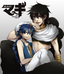  2boys aladdin_(magi) antemeridian bad_id bad_tumblr_id black_hair blue_eyes blue_hair braid copyright_name flute instrument jewelry judal long_hair magi_the_labyrinth_of_magic male_focus multiple_boys neck_ring red_eyes single_braid turban vest 