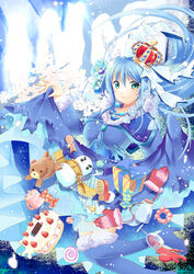  arched_crown beads blue_flower blue_footwear blue_hair blue_rose boots cake candy clothes_lift commentary_request crown cup dress dress_lift drinking_glass female flower food gift gingerbread_man green_eyes hair_flower hair_ornament hairclip high_heels jar jewelry lollipop looking_at_viewer mittens mug necklace original print_mug red_crown rose scarf shoes smile snowman solo stuffed_animal stuffed_toy suzune_kotora swirl_lollipop teddy_bear wine_glass 