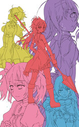  5girls akemi_homura akemi_homura_(magical_girl) bad_id bad_pixiv_id bare_shoulders blue_theme cape color-coded crying drill_hair flat_color hair_over_one_eye hairband hat kaname_madoka kaname_madoka_(magical_girl) kno1 long_hair looking_back magical_girl mahou_shoujo_madoka_magica mahou_shoujo_madoka_magica_(anime) miki_sayaka miki_sayaka_(magical_girl) multiple_girls one_eye_closed open_mouth pink_theme polearm polearm_behind_back ponytail purple_theme red_theme sakura_kyoko sakura_kyoko_(magical_girl) short_hair short_twintails skirt spear standing tears tomoe_mami tomoe_mami_(magical_girl) twintails weapon yellow_theme 