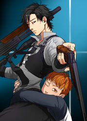  2boys aged_down black_eyes black_hair brown_eyes bullpup commentary_request emiya_kiritsugu emiya_shirou facial_hair fate/stay_night fate/zero fate_(series) gun handgun hug katekari_yuusuke multiple_boys orange_hair raglan_sleeves rifle sniper_rifle stubble thompson/center_contender vest walther walther_wa_2000 weapon 