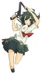  ahoge auru_t black_eyes black_hair commentary_request dual_wielding female gakuen_kino gun handgun holding holster kino_(kino_no_tabi) kino_no_tabi mouth_hold no_feet revolver school_uniform short_hair solo weapon white_background 