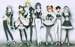  2boys 5girls akagi_ritsuko alternate_costume ayanami_rei black_pantyhose blonde_hair blue_eyes blue_hair boots bow choker cross curvy dress evangelion:_1.0_you_are_(not)_alone formal frills fukano_youichi gloves goth_fashion hat highres ibuki_maya ikari_shinji katsuragi_misato legs lineup lolita_fashion long_hair multiple_boys multiple_girls nagisa_kaworu neon_genesis_evangelion orange_hair pantyhose photoshop_(medium) porkpie_hat purple_hair rebuild_of_evangelion red_eyes ribbon short_hair skin_tight skirt souryuu_asuka_langley spandex striped_clothes striped_thighhighs thighhighs 