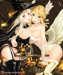  2girls ahoge albino artoria_pendragon_(fate) artoria_pendragon_(lancer)_(fate) bare_shoulders basket black_legwear blonde_hair blush braid braided_bun breast_press breasts bridal_gauntlets candy commentary_request fate/grand_order fate/zero fate_(series) food garter_straps gloves green_eyes hair_bun hat head_wings highres irisviel_von_einzbern large_breasts lingerie long_hair looking_at_viewer multiple_girls open_mouth patreon_logo patreon_username red_eyes shiny_skin sweat symmetrical_docking thighhighs underwear watermark web_address white_gloves white_thighhighs wings yuri yuriwhale 