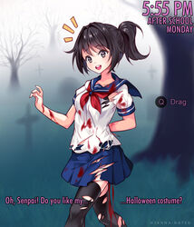  :d ^^^ arms_behind_back artist_name ayano_aishi black_bra black_thighhighs blood blood_on_clothes blue_skirt blush bra breasts brown_eyes collarbone commentary cowboy_shot english_commentary english_text evening eyebrows female fog gameplay_mechanics graveyard hair_intakes halloween_costume highres hyanna-natsu looking_at_viewer medium_breasts monday neckerchief open_mouth outdoors photoshop_(medium) pleated_skirt ponytail round_teeth shirt short_sleeves skirt smile solo speech_bubble talking tareme teeth thighhighs timestamp tombstone torn_clothes torn_thighhighs underwear walking white_shirt yandere_simulator 