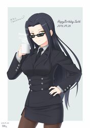  black_hair breasts character_name coffee_mug commentary cowboy_shot cup dated eyes_visible_through_hair female formal gecotan hand_on_own_hip happy_birthday long_hair looking_over_eyewear medium_breasts monster_musume_no_iru_nichijou ms._smith mug necktie pantyhose pencil_skirt side_slit signature skirt skirt_suit smile solo steam suit sunglasses yellow_eyes 