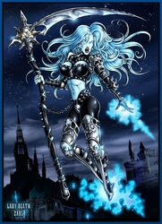  armor artist_name bikini_armor blank_eyes blue_border border breasts candra castle chains character_name church cleavage cleavage_cutout clothing_cutout cloud cloudy_sky colored_skin crop_top cross dated earrings fantasy female floating floating_hair gloves glowing glowing_eyes glowing_hand goth_fashion holding holding_scythe holding_weapon jewelry lady_death lady_death_(character) large_breasts linea_alba lipstick long_hair looking_at_viewer magic makeup medieval midriff navel night open_mouth outdoors red_lips scythe silhouette single_glove skull sky solo spikes star_(sky) starry_sky turtleneck v-shaped_eyebrows weapon western_comics_(style) white_eyes white_hair white_skin 