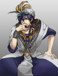  1boy antemeridian bad_id bad_pixiv_id blue_eyes blue_hair earrings jewelry long_hair magi_the_labyrinth_of_magic male_focus manly necklace sinbad_(magi) solo turban yellow_eyes 