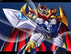  black_border border cape commentary_request highres holding holding_sword holding_weapon mazinemperor_g mazinger_(series) mecha no_humans nomayo robot shin_mazinger_zero sunrise_stance super_robot super_robot_wars super_robot_wars_v sword weapon 