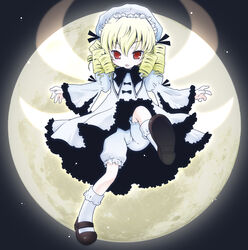  :3 ayano_rena blonde_hair bloomers commentary_request drill_hair female flying hat luna_child mary_janes moon photoshop_(medium) red_eyes shoes solo touhou underwear wings 