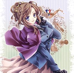  adjusting_hair axis_powers_hetalia bad_id bad_pixiv_id blue_eyes breasts brown_hair cape crown dress female france_(hetalia) genderswap_(mtf) gloves heart lipstick makeup medium_breasts necktie pleated_skirt rule_63 skirt smile solo su_(pixiv44447) 