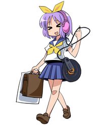  &gt;_&lt; bag closed_eyes commentary_request female haiteku headphones hiiragi_tsukasa lucky_star neckerchief no_socks partial_commentary phonograph pink_headphones purple_hair record ryouou_school_uniform school_uniform serafuku short_hair solo yellow_neckerchief 