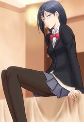  bed black_eyes black_hair bonnie_(rsg) commentary_request female glasses haikyuu!! looking_at_viewer mole mole_under_mouth pantyhose school_uniform shimizu_kiyoko short_hair sitting solo 