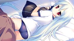  aete_mushisuru_kimi_to_no_mirai alternate_hairstyle aqua_hair ass bed buruma female game_cg gym_uniform hair_down hugging_object light_smile long_hair lying on_side panties panties_under_buruma panty_peek pillow pillow_hug red_eyes sawatari_nanagi solo takoyaki_(roast) under_covers underwear very_long_hair white_panties 