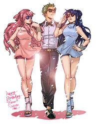  1boy 2girls alternate_costume bangle bare_shoulders blue_hair bracelet breasts che_(cyan_crown) dress formal gangnam_style green_hair hair_bun hand_on_own_hip jewelry large_breasts lens_flare long_hair multiple_girls one_piece parody perona photoshop_(medium) pimp pink_hair roronoa_zoro sandals short_hair shorts single_hair_bun snow suit sunglasses tashigi thigh_gap walking 