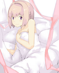  ar_tonelico ar_tonelico_iii bad_id bad_pixiv_id bed bed_sheet blonde_hair braid enoki_p female naked_sheet purple_eyes saki_(ar_tonelico) short_hair solo twin_braids 