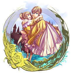  1boy aku_no_musume_(vocaloid) allen_avadonia alternate_universe aqua_eyes bare_shoulders blonde_hair brother_and_sister carrying commentary_request dress evillious_nendaiki female good_end hair_ornament hair_ribbon hairclip highres ichi_ka japanese_clothes kagamine_len kagamine_rin open_mouth photoshop_(medium) ponytail princess_carry ribbon riliane_lucifen_d&#039;autriche short_hair short_ponytail siblings skirt smile twins vocaloid 