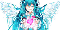  aqua_hair bad_id bad_pixiv_id closed_eyes eighth_note hatsune_miku heart long_hair musical_note necktie open_mouth outstretched_arms solo sukopio twintails vocaloid white_background wings 