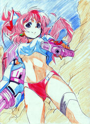  aiming aiming_at_viewer blue_eyes blush breasts colored_pencil_(medium) commentary_request crop_top dokozo_no_shirou dutch_angle female from_below gadget_trial gatling_gun graphite_(medium) gun izen_(gadget_trial) long_hair medium_breasts navel pink_hair sky smile solo traditional_media underboob weapon 