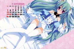  aqua_hair bell calendar_(medium) ezekiel_(osananajimi_wa_daitouryou) female highres hisatake jingle_bell long_hair lying osananajimi_wa_daitouryou panties purple_eyes solo thighhighs two_side_up underwear white_panties white_thighhighs 