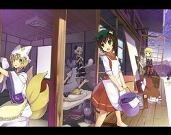  6+girls animal_ears ass barefoot cat_ears cat_tail chen cirno cleaning commentary_request construction fox_tail hakurei_reimu hidebo kirisame_marisa konpaku_youmu letterboxed multiple_girls multiple_tails partial_commentary sitting sitting_on_face sitting_on_person tail touhou wings yakumo_ran yakumo_yukari 