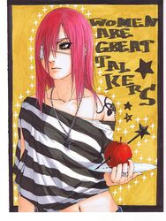  apple arrow_(projectile) arrow_through_apple bad_id bad_pixiv_id casual cross english_text eyelashes eyepatch female food fruit holding holding_food holding_fruit jewelry kazari_tayu lips marker_(medium) naruto naruto_(series) navel necklace off_shoulder plate ring solo striped tattoo tayuya_(naruto) traditional_media 