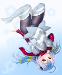  blue_background blue_footwear blue_hair blue_legwear boots breasts covered_navel doyouwantto female guts_seijin high_heel_boots high_heels large_breasts long_hair looking_at_viewer pantyhose red_eyes signature solo striped_clothes striped_pantyhose thigh_boots thighhighs ultra_kaijuu_gijinka_keikaku ultra_series ultraseven_(series) upside-down white_background 