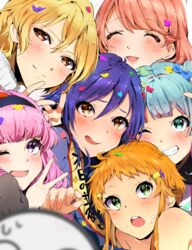  1boy 6+girls blonde_hair blue_hair blush brown_eyes brown_hair closed_eyes commentary_request confetti embarrassed food food_on_face green_eyes grin hair_ornament hairband hanyuuda_mito highres kotobuki_qruit long_hair manager_(tokyo_7th_sisters) misonoo_mana multicolored_hair multiple_girls nanasaki_nicole one_eye_closed pink_hair purple_hair sash short_hair smile sodeno_botan sweatdrop tokyo_7th_sisters two-tone_hair v wakaouji_rui yellow_eyes yusa_memoru 