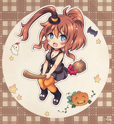  bat_(animal) belt black_dress blue_eyes breasts broom broom_riding brown_hair clothing_cutout commentary_request dress female ghost hat high_side_ponytail jack-o&#039;-lantern kantai_collection large_breasts mini_hat mini_witch_hat navel_cutout open_mouth orange_thighhighs ponytail pumpkin saratoga_(kancolle) side_ponytail sleeveless sleeveless_dress solo thighhighs uzura_no_tamago_(yudeuzutama) witch_hat 